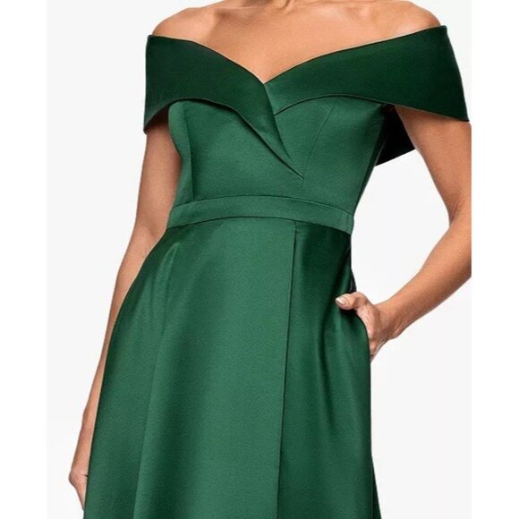 Xscape Size 6 Green Off the Shoulder Satin Front Slit Formal Gown Cocktail Dress - Picture 3 of 13